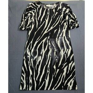 Chico's Women 1 (M/8) 3/4 Ruched Sleeve Black White Jersey Knit Shift Dress